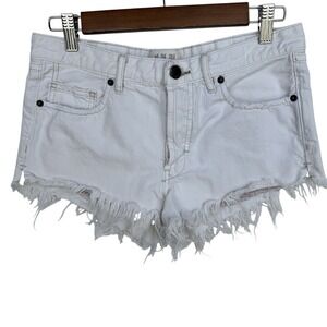 We The Free Distressed Cutoff Denim Shorts Womens 27 White Micro Raw Fringe Boho